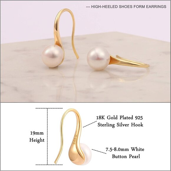 14K Gold Hoop Handpicked A+ Quality 7.5-8mm White Pearl Dangle Drop Earrings - Picture 5 of 6